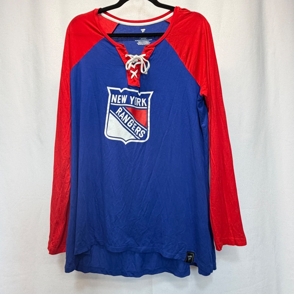 New York Rangers Fanatics Shirt Womens 1X Blue Lace Up Raglan Long Sleeve NHL